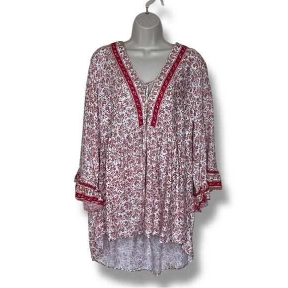 Cynthia Rowley Woman Paisley Floral Boho Bell Sleeve Popover Tunic Plus Size 1X - Picture 1 of 12